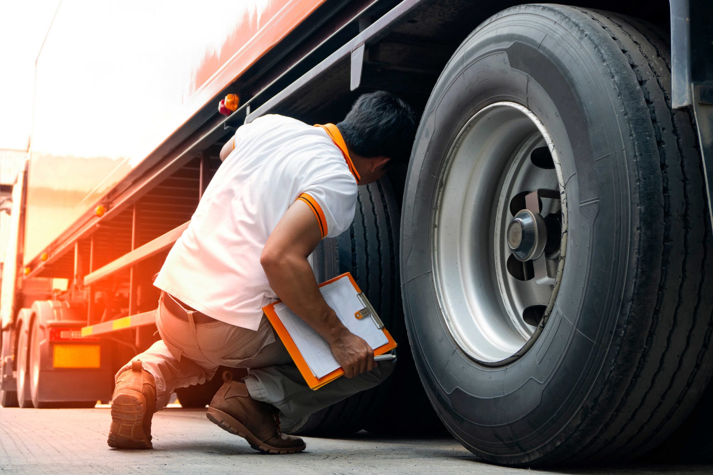 A man is crouching between 2 wheels of a semi truck to inspect the equipment. He is wearing a white shirt, brown pants and holding a clipboard.
