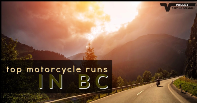 A graphic featuring a motorcyclist riding on a scenic mountain highway at sunset with text that reads "top motorcycle runs in BC."