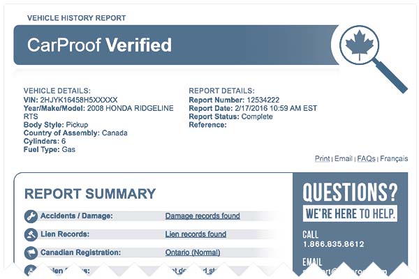 A digital "CarProof Verified" vehicle history report for a 2008 Honda Ridgeline, showing a report summary for accidents, liens, and registration history.