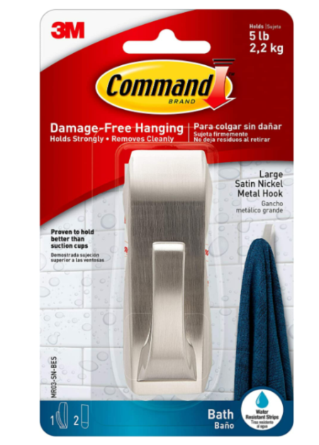 A retail package of 3M Command Hooks, featuring a large brushed nickel designer hook.