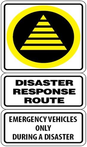 A circular sign with a blue triangle and a silhouette of a person, labeled Disaster Response Route.