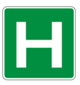 A square green sign with a white letter H indicating a nearby hospital.