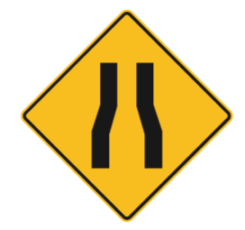 A diamond-shaped yellow sign with a symbol showing the road narrowing ahead.