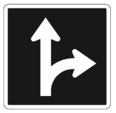 A rectangular black lane-use sign with a white arrow indicating options to go straight or turn right.