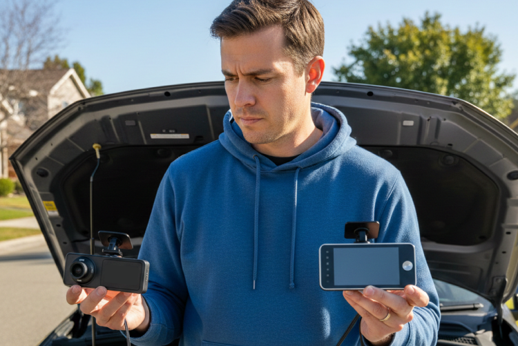 A man in a blue hoodie standing in front of a car with the hood popped open, thoughtfully comparing two different dashcam models he is holding in his hands.