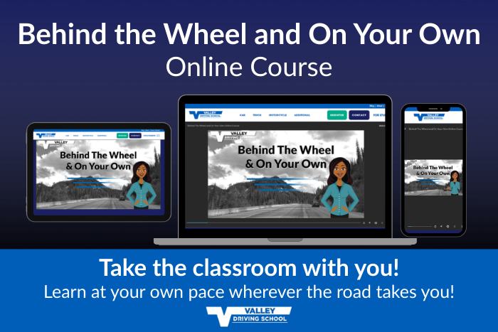 "Behind the Wheel and On Your Own Online Course" showing the platform on a laptop, tablet, and smartphone with the tagline: "Take the classroom with you! Learn at your own pace wherever the road takes you!"