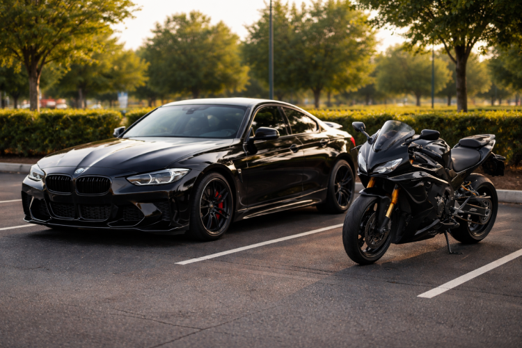 A sleek black BMW coupe and a matching black sport motorcycle parked side-by-side in a parking lot during golden hour, with trees in the background.