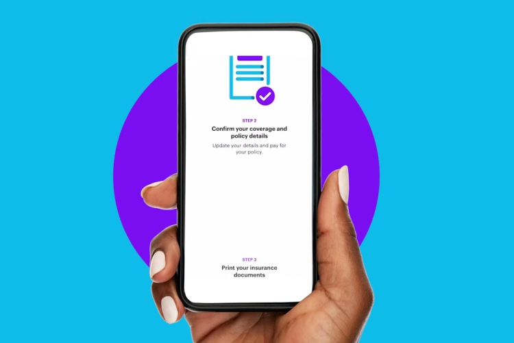 A hand with white manicured nails holds a smartphone displaying an insurance app interface that prompts the user to confirm coverage details and print documents, set against a vibrant blue and purple background.