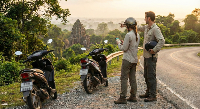 A man and a woman standing next to two parked scooters on the shoulder of a winding road, looking toward an ancient stone temple nestled in a lush, misty jungle at sunset.