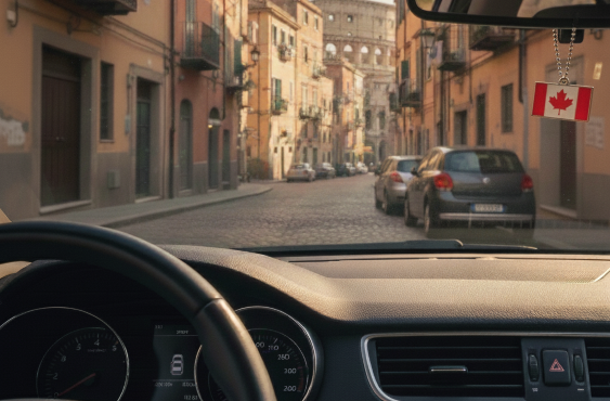 A view from the driver's seat of a car looking down a narrow cobblestone street in Rome toward the Colosseum in the distance, with a small Canadian flag charm hanging from the rearview mirror.