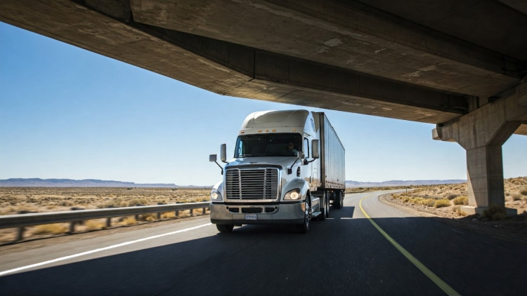 White semi-truck safely passing under a concrete overpass; highlighting the importance of bridge clearance awareness and over-height vehicle training for professional drivers.