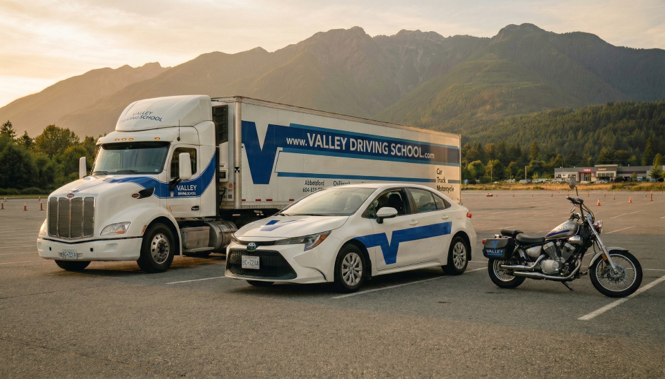 a Valley Driving School semi truck, car and motorcycle are parked side by side in a parking lot with mountains in the background.