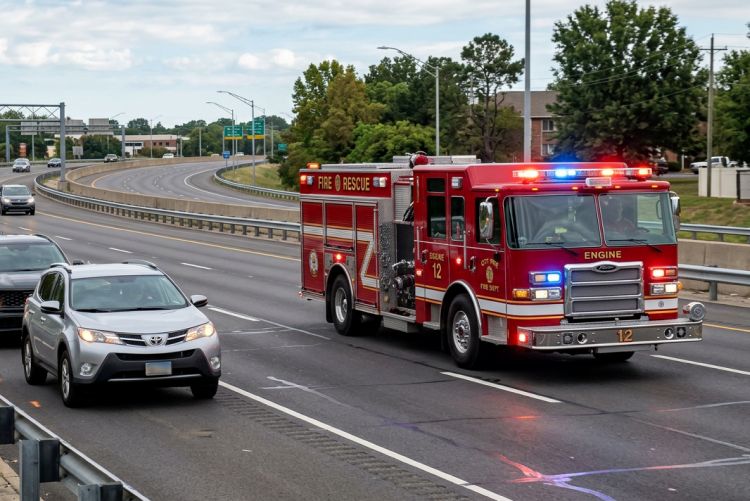 A fire truck driving down a highway with its emergency lights on as cars pull over onto the shoulder to let it pass.