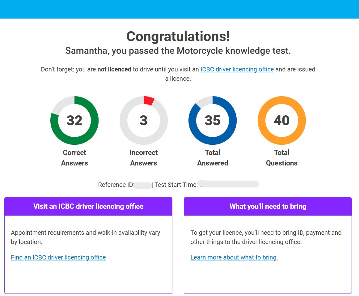 A digital notification screen congratulating a test taker on passing the motorcycle knowledge test, displaying a breakdown of correct and incorrect answers alongside information on next steps.