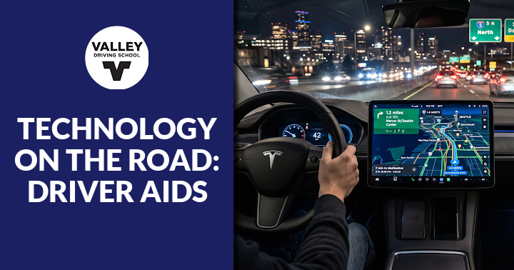 This is a blog post header image featuring the text "Technology on the Road: Driver Aids" alongside a photo showing driver assistance systems, set against a dark blue color block featuring the Valley Driving School logo.